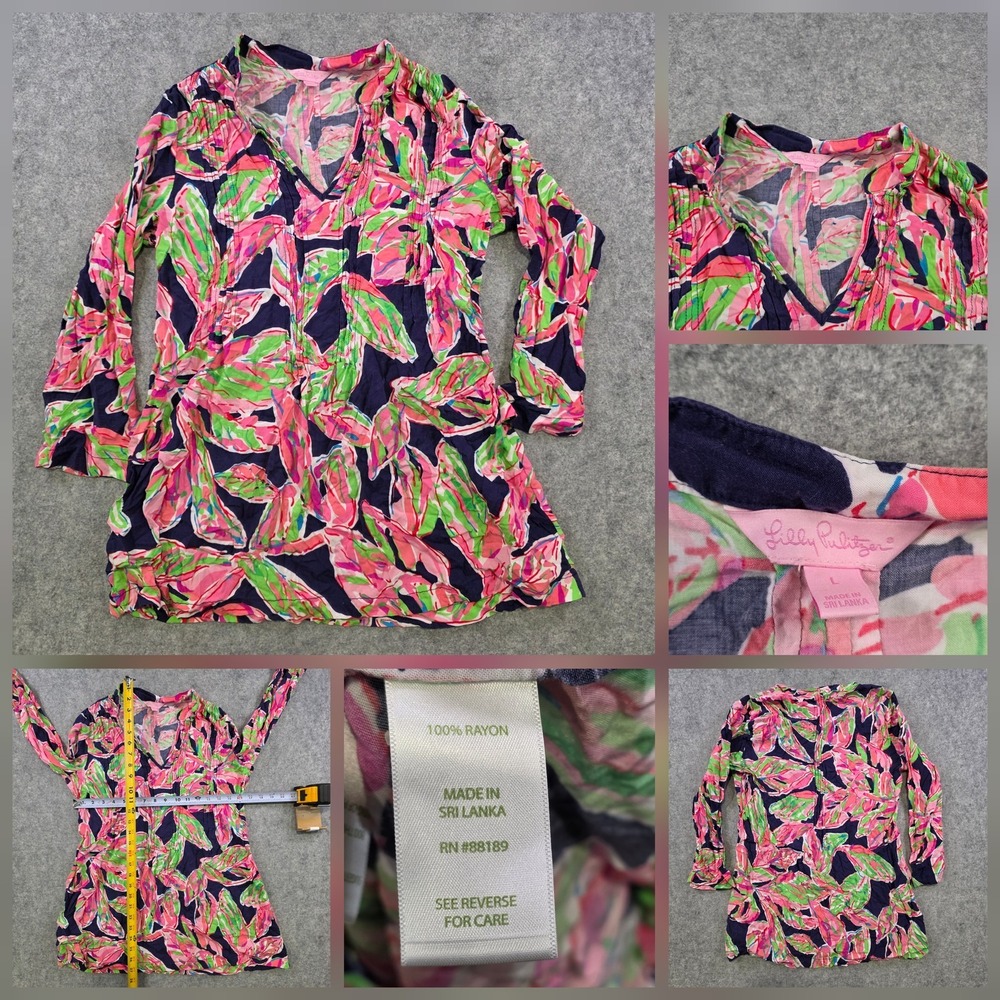 Lilly Pulitzer Blouse Womens L Sarasota Tunic Top V Neck Long Sleeve‎ Tropical